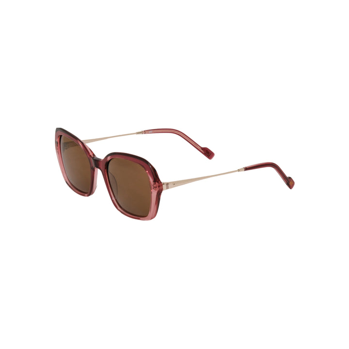 VLIZ Vista sunglasses with pink translucent square-edge frame and brown lenses, designed with a relaxed silhouette and engraved logo on temples.