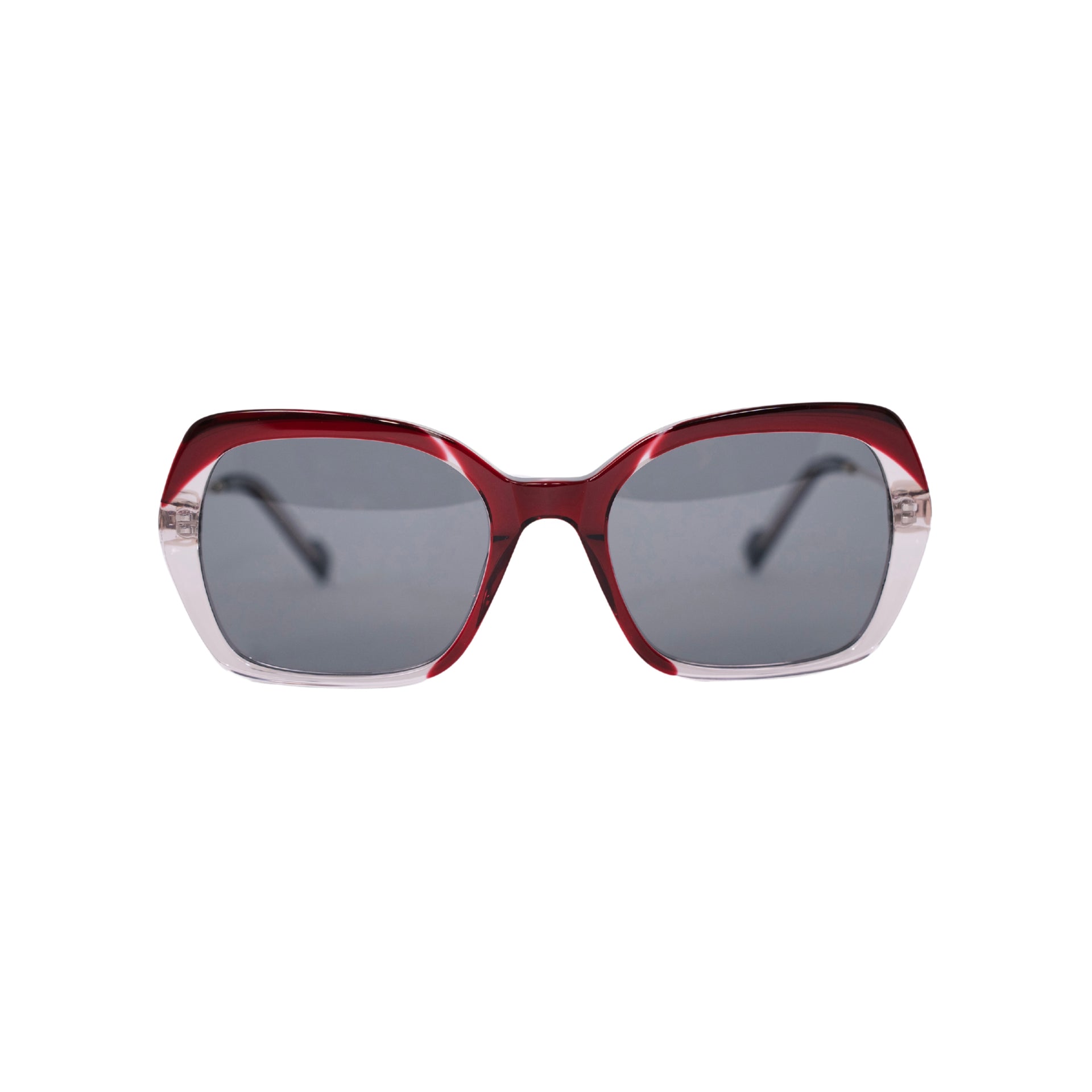VLIZ Vista sunglasses with red translucent square-edge frame and black lenses, featuring softened angles, gradient styling, and engraved logo on temples
