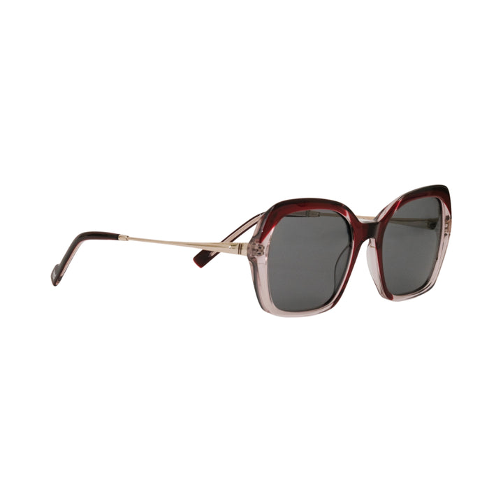 VLIZ Vista sunglasses with red translucent square-edge frame and black lenses, featuring softened angles, gradient styling, and engraved logo on temples