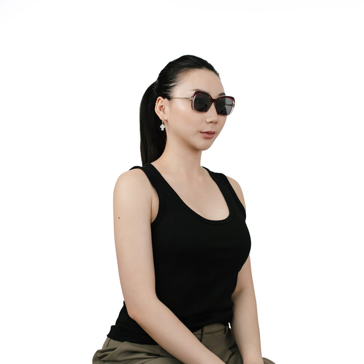 VLIZ Vista sunglasses with red translucent square-edge frame and black lenses, featuring softened angles, gradient styling, and engraved logo on temples.