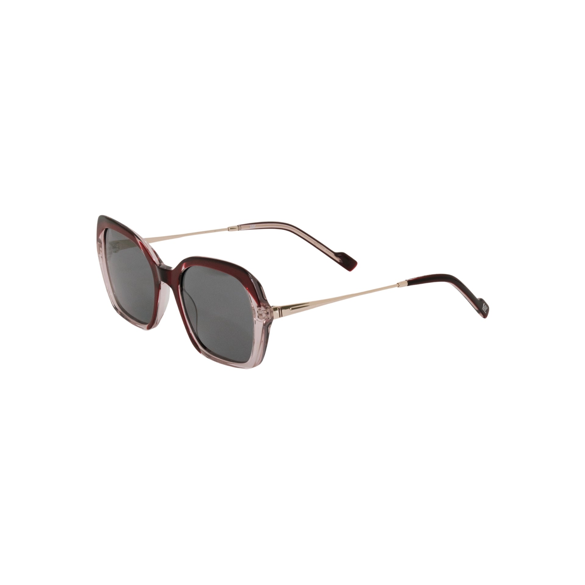 VLIZ Vista sunglasses with red translucent square-edge frame and black lenses, featuring softened angles, gradient styling, and engraved logo on temples