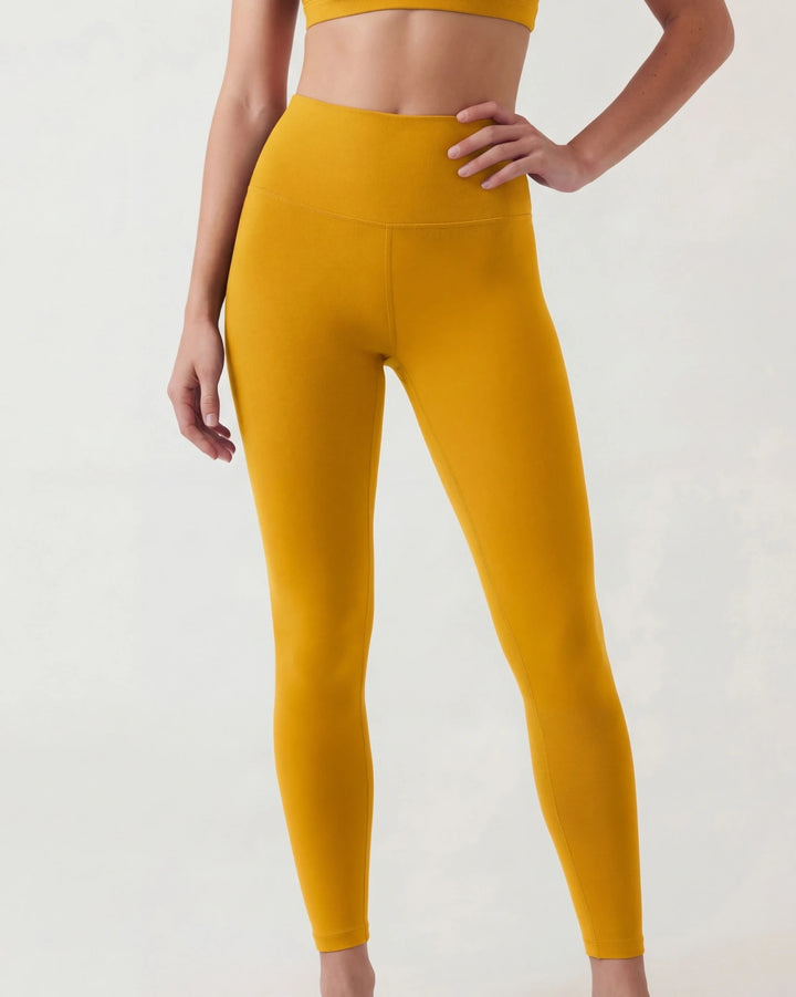 Mustard yellow leggings worn by a person on a white background