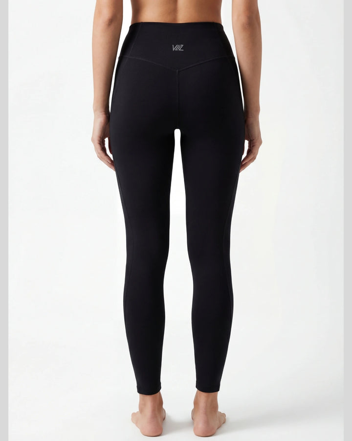 Black leggings with a brand logo on a white background