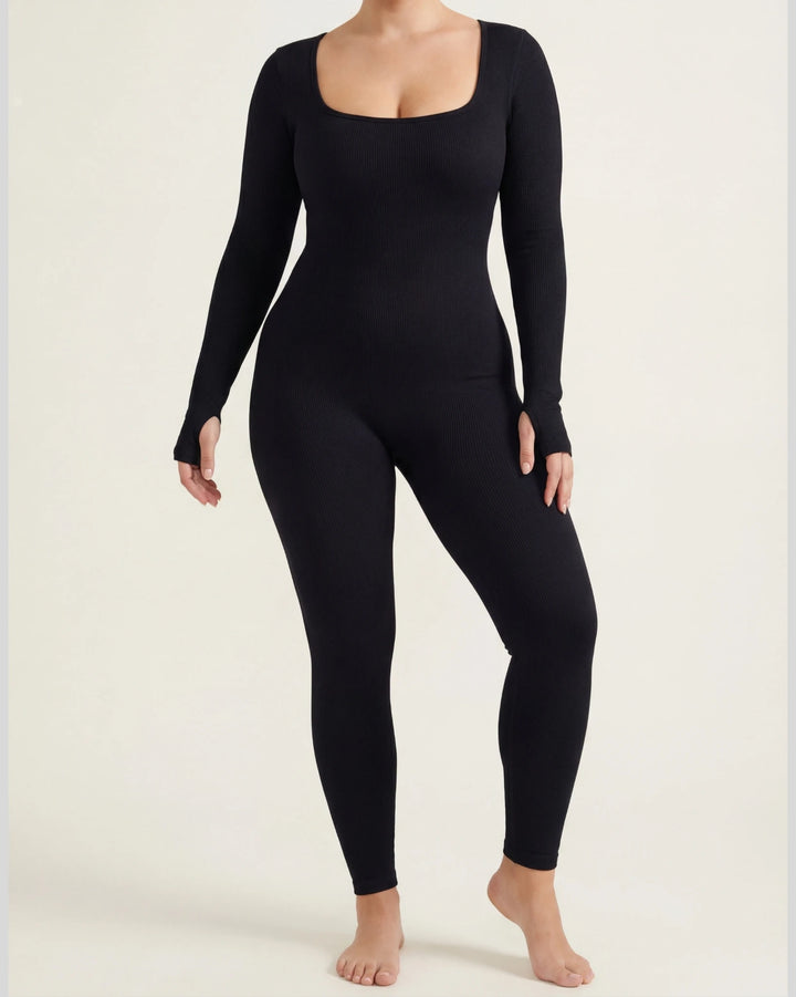 Black full-body suit on a white background