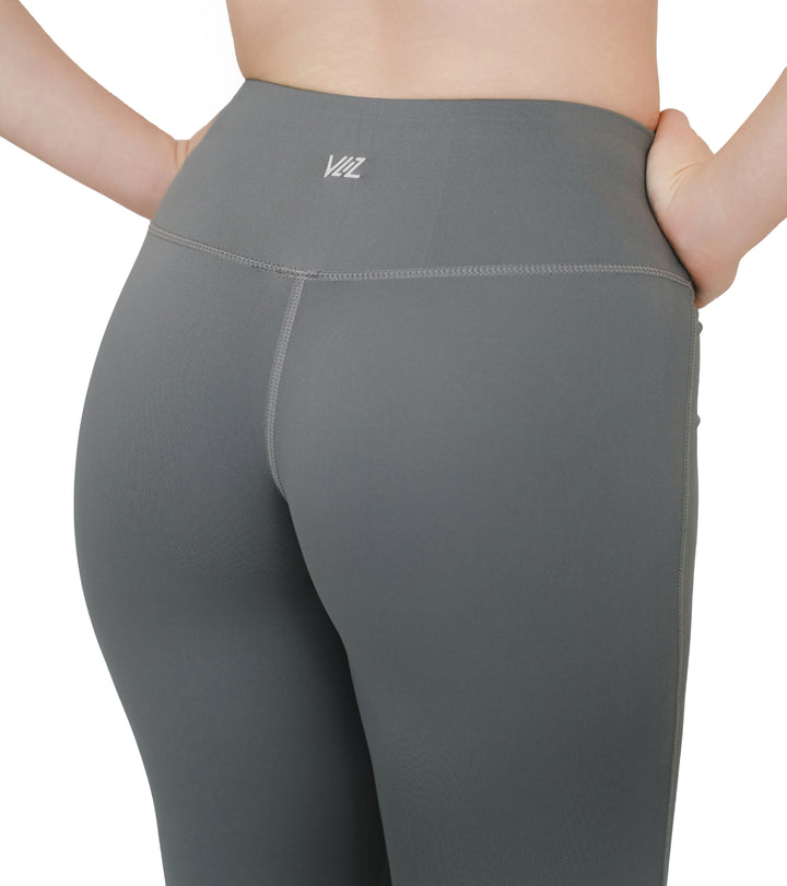 Back view of VLIZ High-Rise Sculpting Flare Leggings in gray, showing the logo and flattering seam design.