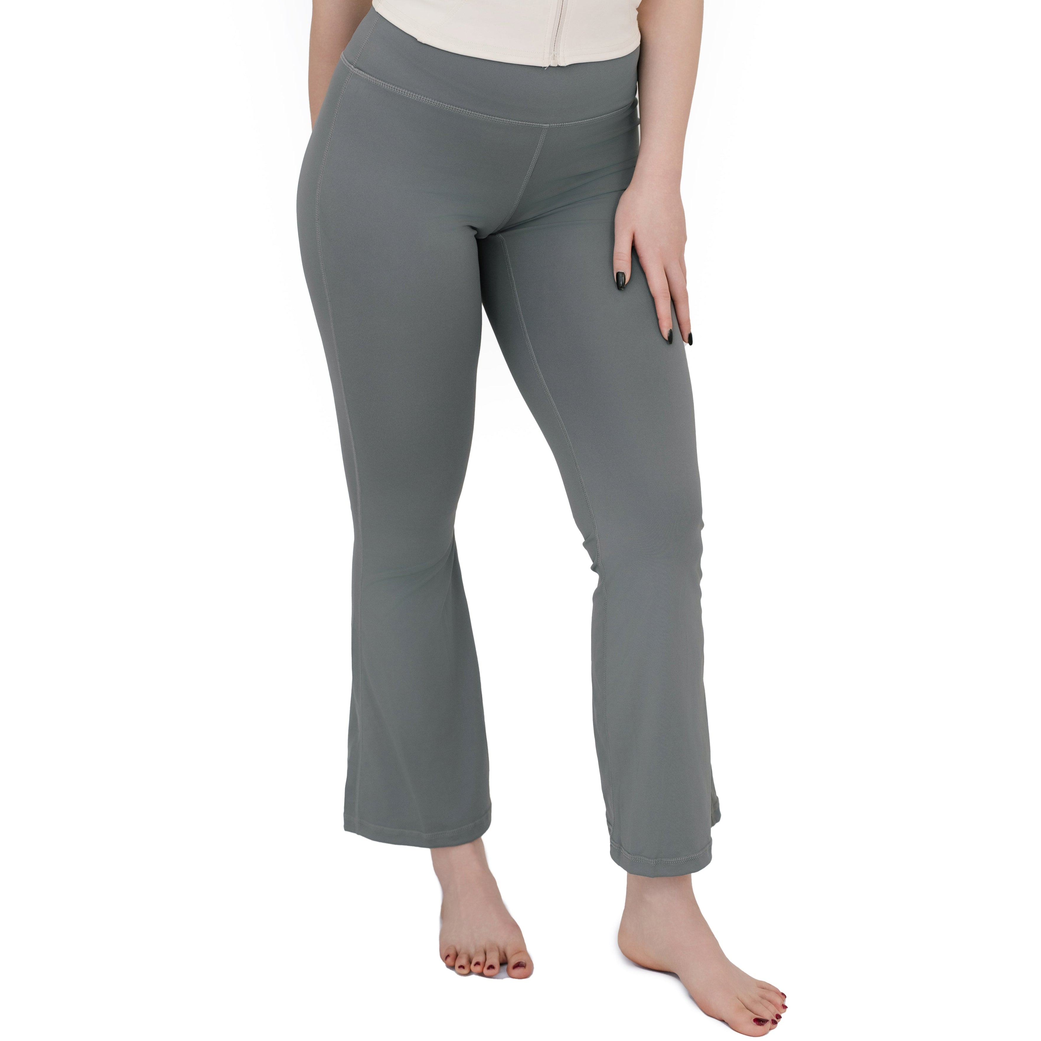 Front view of VLIZ High-Rise Sculpting Flare Leggings in gray, highlighting the high waistband and flared leg fit.