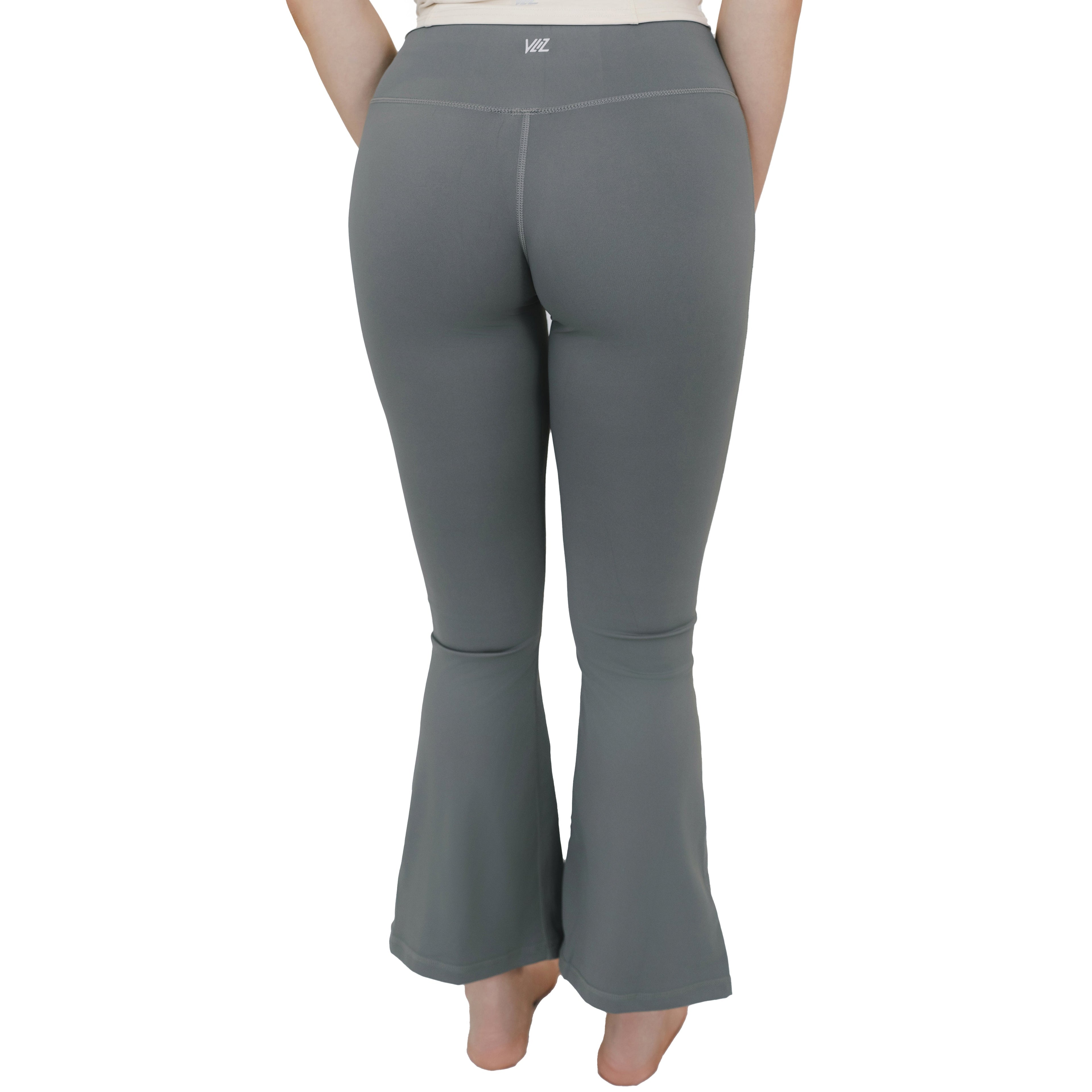 Full back view of VLIZ High-Rise Sculpting Flare Leggings in gray, featuring high-rise waistband and flared hem.