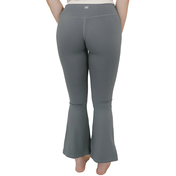 Full back view of VLIZ High-Rise Sculpting Flare Leggings in gray, featuring high-rise waistband and flared hem.