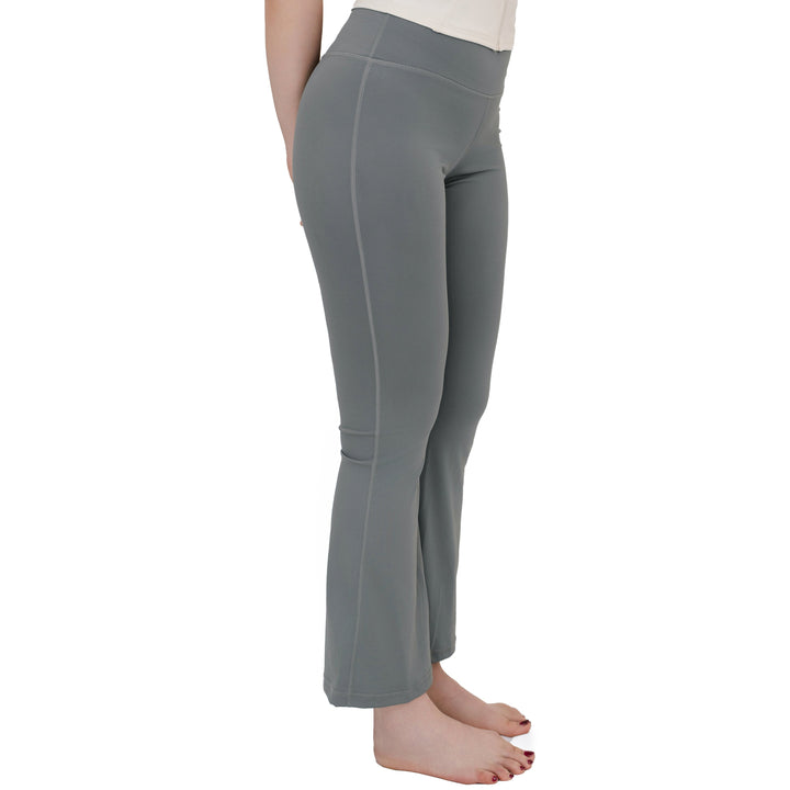 Side view of VLIZ High-Rise Sculpting Flare Leggings in gray, highlighting the sleek fit and subtle flare at the hem.
