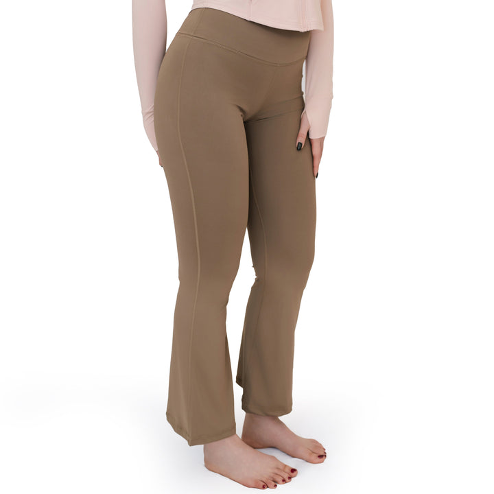 VLIZ High-Rise Sculpting Flare Leggings in light brown, front angle showcasing high-waisted fit and subtle flare leg design, ideally for yoga and daily wear.