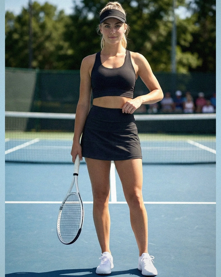 Woman in black athletic wear holding a tennis racket on a tennis court