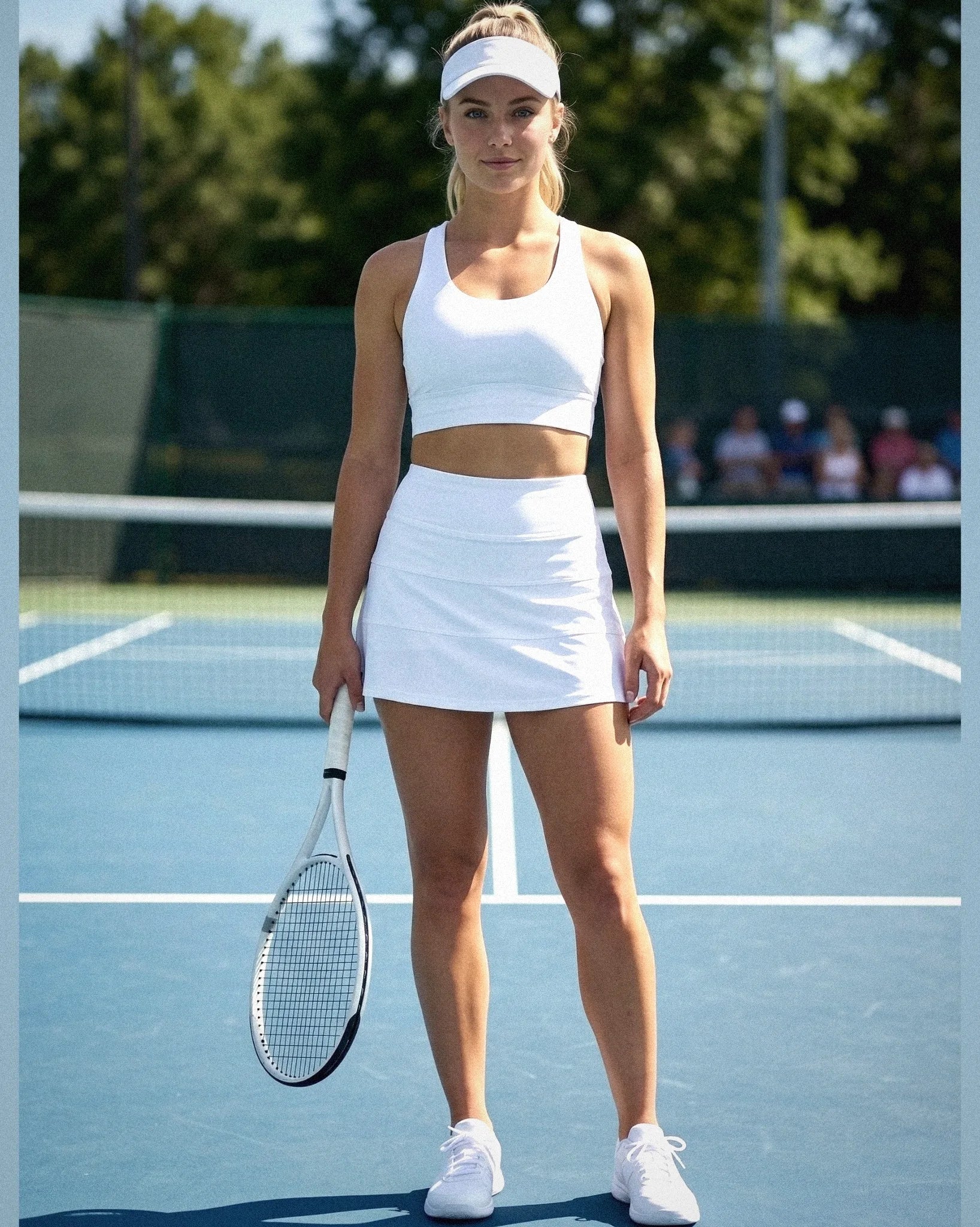 Woman in white tennis outfit holding a racket on a tennis court