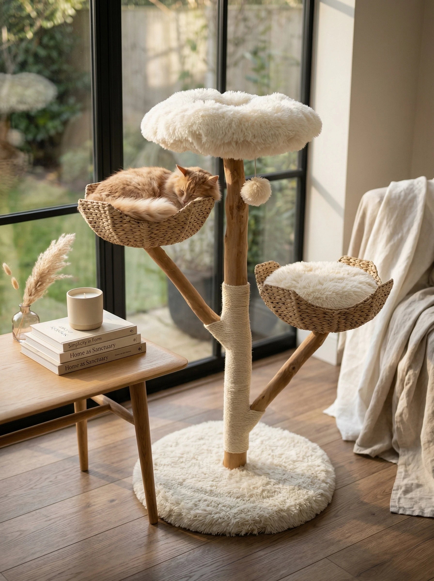 Cat tree with a cat sleeping on it in a cozy room.